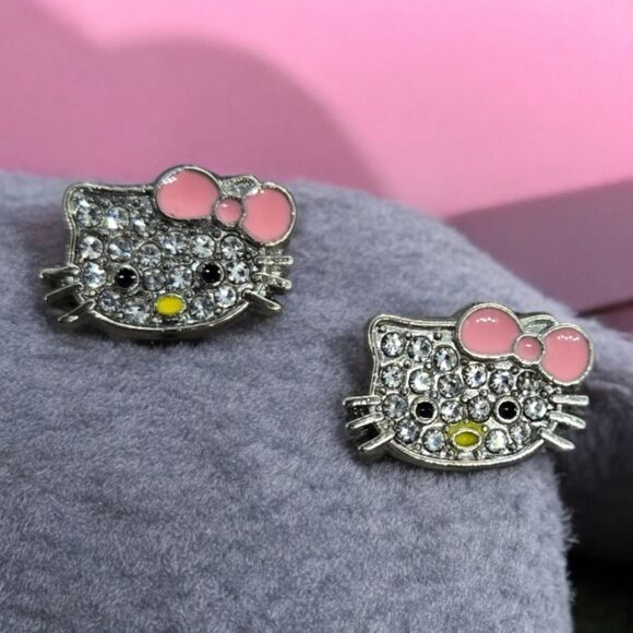 Hello Kitty Earrings Rhinestone Enamel Pink Bow Pierced Ears Cat Studs Jewelry - Picture 6 of 8